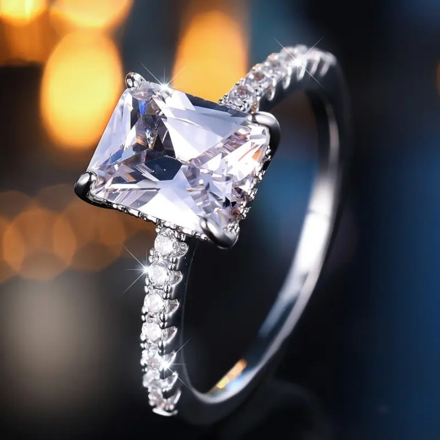 Silver Plated Princess Cut Zirconia Engagement Ring with December Birthstone